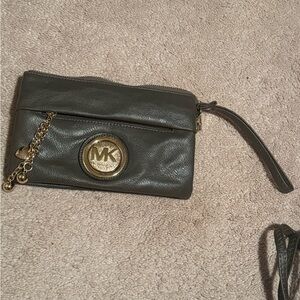 Michael Kors Dark Grey Leather Wristlet with Gold MK Emblem